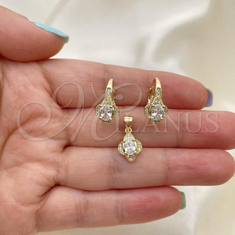 Oro Laminado Earring and Pendant Adult Set, Gold Filled Style with White Cubic Zirconia and White Micro Pave, Polished, Golden Finish, 10.195.0020
