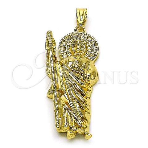 Oro Laminado Religious Pendant, Gold Filled Style San Judas Design, with White Crystal, Polished, Golden Finish, 05.411.0059