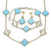 Oro Laminado Necklace, Bracelet and Earring, Gold Filled Style Four-leaf Clover and Rolo Design, with Turquoise Mother of Pearl, Diamond Cutting Finish, Golden Finish, 06.414.0004