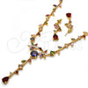 Oro Laminado Necklace and Earring, Gold Filled Style Flower and Leaf Design, with Multicolor Cubic Zirconia, Polished, Golden Finish, 06.205.0002.1