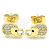 Oro Laminado Stud Earring, Gold Filled Style Elephant Design, with White and Black Micro Pave, Polished, Golden Finish, 02.210.0411