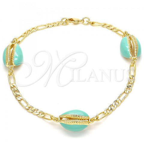 Oro Laminado Fancy Anklet, Gold Filled Style Shell Design, Turquoise Enamel Finish, Golden Finish, 03.63.2091.10
