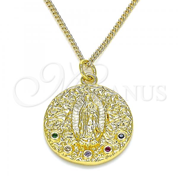 Oro Laminado Pendant Necklace, Gold Filled Style Guadalupe Design, with Multicolor Micro Pave, Polished, Golden Finish, 04.341.0044.20