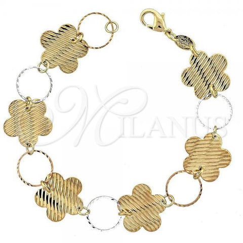 Oro Laminado Fancy Bracelet, Gold Filled Style Flower Design, Diamond Cutting Finish, Tricolor, 5.032.005
