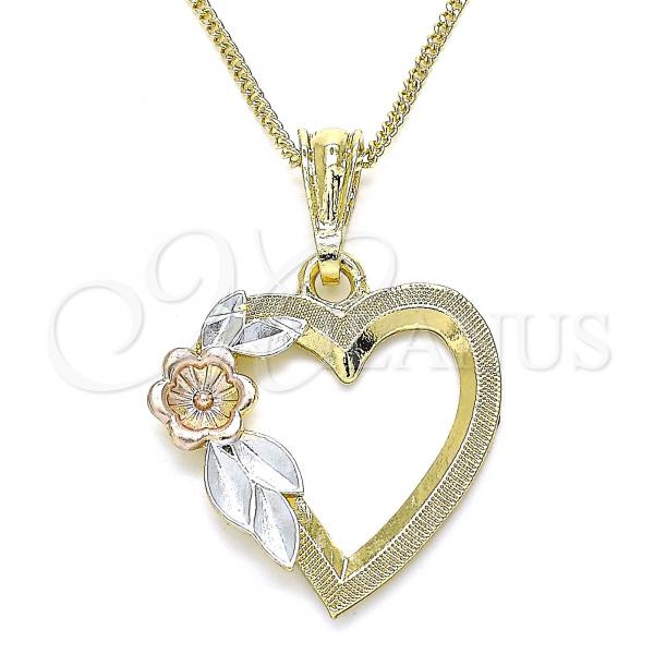 Oro Laminado Pendant Necklace, Gold Filled Style Heart and Flower Design, Polished, Tricolor, 04.351.0013.1.20