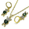 Oro Laminado Earring and Pendant Adult Set, Gold Filled Style Teddy Bear and Heart Design, with Green Cubic Zirconia and White Micro Pave, Polished, Golden Finish, 10.196.0027