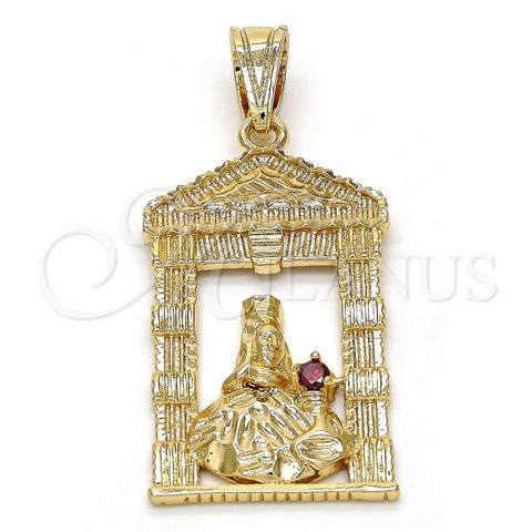 Oro Laminado Religious Pendant, Gold Filled Style Santa Barbara Design, with Garnet Cubic Zirconia, Polished, Golden Finish, 05.120.0051