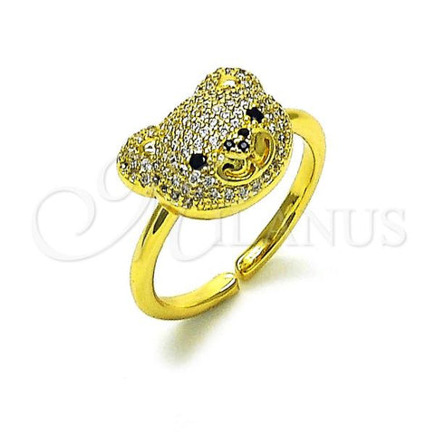 Oro Laminado Multi Stone Ring, Gold Filled Style Teddy Bear Design, with White and Black Micro Pave, Polished, Golden Finish, 01.368.0019.4