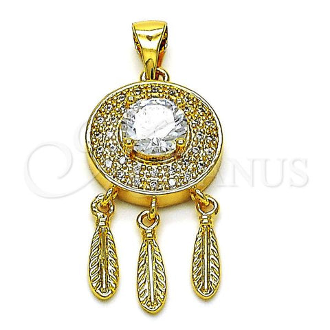 Oro Laminado Fancy Pendant, Gold Filled Style Leaf Design, with White Cubic Zirconia and White Micro Pave, Polished, Golden Finish, 05.342.0185