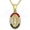 Oro Laminado Religious Pendant, Gold Filled Style Guadalupe Design, with Multicolor Crystal, Polished, Golden Finish, 05.351.0009