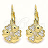 Oro Laminado Leverback Earring, Gold Filled Style Flower and Heart Design, with White Micro Pave, Polished, Golden Finish, 02.210.0382