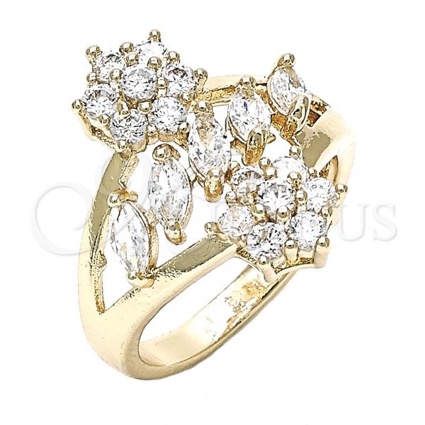 Oro Laminado Multi Stone Ring, Gold Filled Style Flower Design, with White Cubic Zirconia, Polished, Golden Finish, 01.210.0096.07 (Size 7)