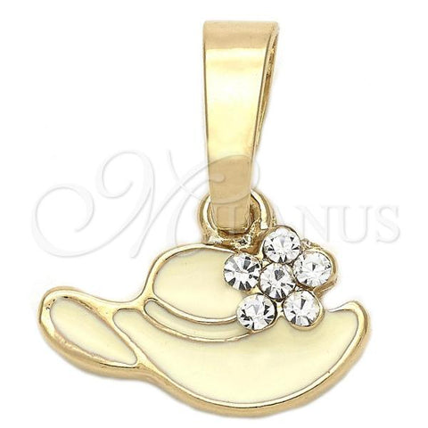 Oro Laminado Fancy Pendant, Gold Filled Style Hat and Flower Design, with White Crystal, White Enamel Finish, Golden Finish, 05.163.0056