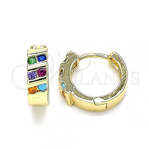 Oro Laminado Huggie Hoop, Gold Filled Style with Multicolor Cubic Zirconia, Polished, Golden Finish, 02.210.0609.3.12