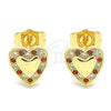 Oro Laminado Stud Earring, Gold Filled Style Heart Design, with Garnet and White Micro Pave, Polished, Golden Finish, 02.233.0048.1