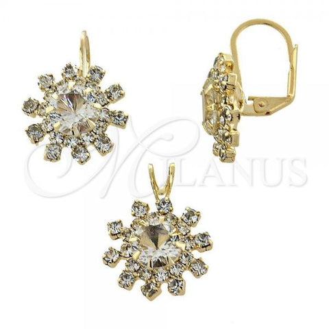Oro Laminado Earring and Pendant Adult Set, Gold Filled Style Flower Design, with White Cubic Zirconia, Polished, Golden Finish, 5.057.002
