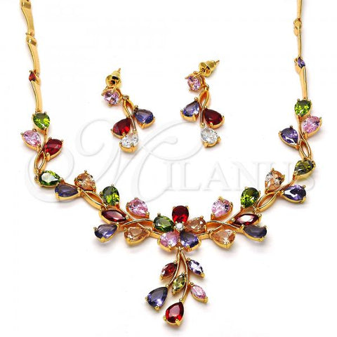 Oro Laminado Necklace and Earring, Gold Filled Style Flower and Leaf Design, with Multicolor Cubic Zirconia, Polished, Golden Finish, 06.205.0004.1