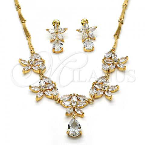 Oro Laminado Necklace and Earring, Gold Filled Style Flower and Teardrop Design, with White Cubic Zirconia, Polished, Golden Finish, 06.205.0003
