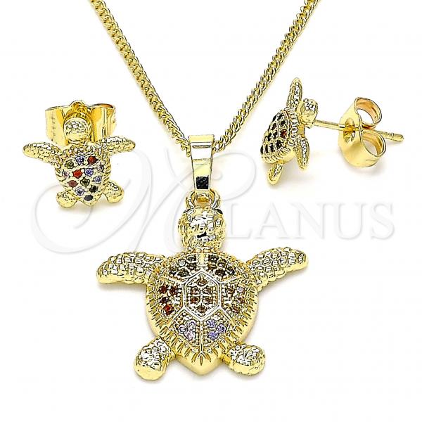 Oro Laminado Earring and Pendant Adult Set, Gold Filled Style Turtle Design, with Multicolor Micro Pave, Polished, Golden Finish, 10.284.0017