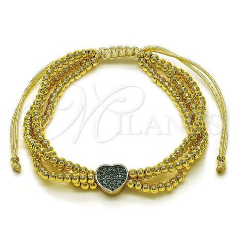 Oro Laminado Adjustable Bolo Bracelet, Gold Filled Style Heart and Ball Design, with Green Micro Pave, Polished, Two Tone, 03.341.0234.1.11