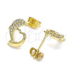 Oro Laminado Stud Earring, Gold Filled Style Dolphin and Heart Design, with White Micro Pave, Polished, Golden Finish, 02.344.0120