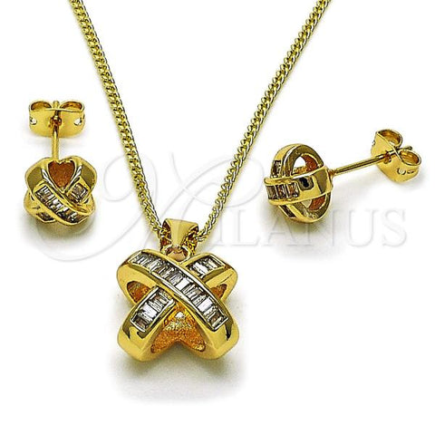 Oro Laminado Earring and Pendant Adult Set, Gold Filled Style Baguette and Love Knot Design, with White Cubic Zirconia, Polished, Golden Finish, 10.342.0223