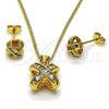 Oro Laminado Earring and Pendant Adult Set, Gold Filled Style Baguette and Love Knot Design, with White Cubic Zirconia, Polished, Golden Finish, 10.342.0223
