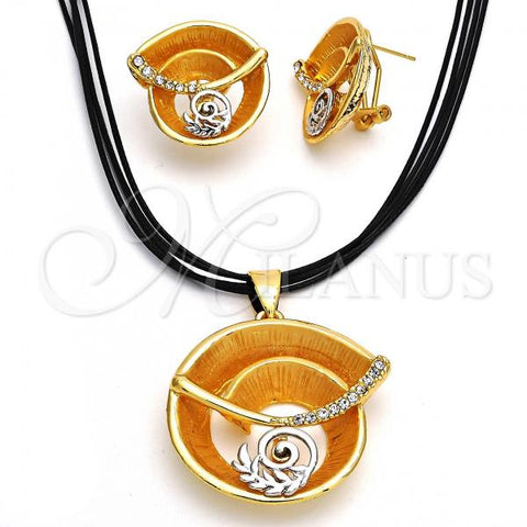 Oro Laminado Necklace and Earring, Gold Filled Style Spiral and Leaf Design, with White Crystal, Polished, Two Tone, 06.59.0110.1
