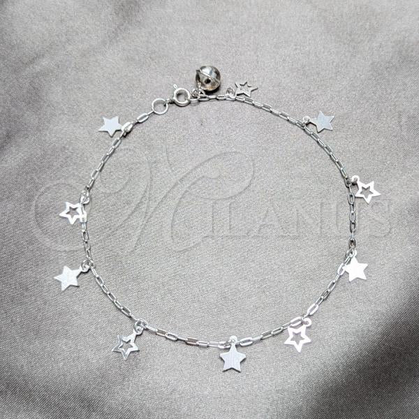 Sterling Silver Fancy Anklet, Star Design, Polished, Silver Finish, 03.409.0153.10