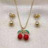 Oro Laminado Earring and Pendant Adult Set, Gold Filled Style Cherry and Ball Design, Red Enamel Finish, Golden Finish, 10.417.0027