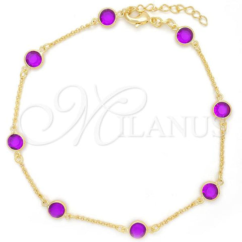 Oro Laminado Basic Anklet, Gold Filled Style Paperclip Design, with Amethyst Crystal, Polished, Golden Finish, 03.02.0088.10