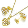Oro Laminado Earring and Pendant Adult Set, Gold Filled Style Heart Design, with White Crystal and Ivory Pearl, Polished, Golden Finish, 10.379.0019