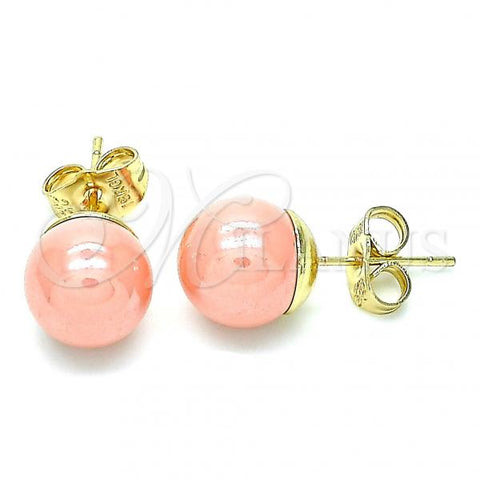 Oro Laminado Stud Earring, Gold Filled Style Ball Design, with Pink Pearl, Polished, Golden Finish, 02.63.2121.1