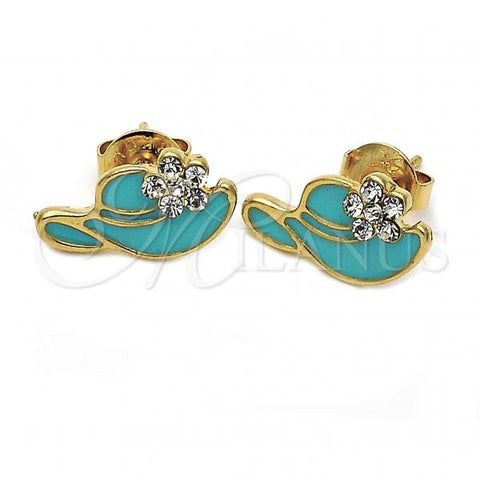 Oro Laminado Stud Earring, Gold Filled Style Hat and Flower Design, with White Crystal, Green Enamel Finish, Golden Finish, 02.64.0278 *PROMO*
