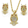 Oro Laminado Earring and Pendant Adult Set, Gold Filled Style Owl Design, with Multicolor Cubic Zirconia, Polished, Golden Finish, 10.316.0021.1