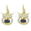 Oro Laminado Leverback Earring, Gold Filled Style Owl Design, with Black and White Cubic Zirconia, Polished, Golden Finish, 02.210.0434.2