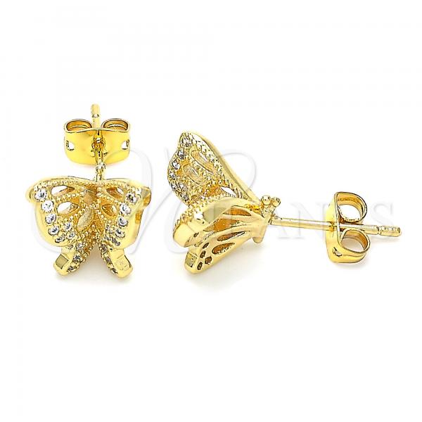 Oro Laminado Stud Earring, Gold Filled Style Butterfly Design, with White Micro Pave, Polished, Golden Finish, 02.156.0374