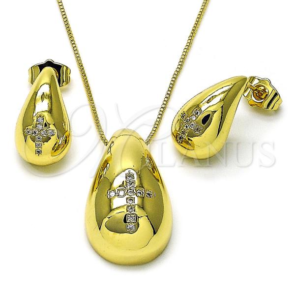 Oro Laminado Earring and Pendant Adult Set, Gold Filled Style Teardrop and Cross Design, with White Cubic Zirconia, Polished, Golden Finish, 10.313.0007
