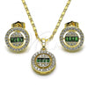 Oro Laminado Earring and Pendant Adult Set, Gold Filled Style Baguette Design, with Green and White Cubic Zirconia, Polished, Golden Finish, 10.196.0090