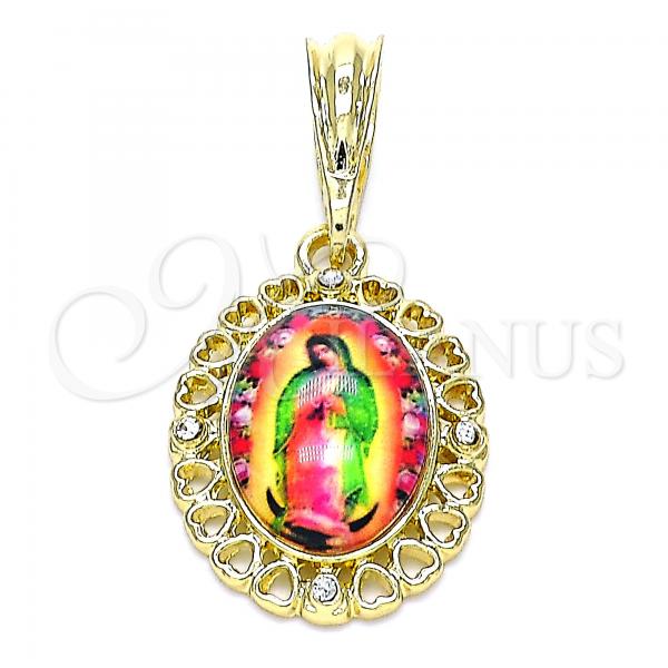 Oro Laminado Religious Pendant, Gold Filled Style Guadalupe and Heart Design, with White Crystal, Polished, Golden Finish, 05.380.0143