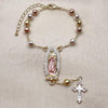 Oro Laminado Bracelet Rosary, Gold Filled Style Guadalupe and Cross Design, Diamond Cutting Finish, Tricolor, 09.411.0009.07
