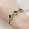 Oro Laminado Fancy Bracelet, Gold Filled Style Four-leaf Clover and Miami Cuban Design, with Green and White Cubic Zirconia, Polished, Golden Finish, 03.283.0433.07