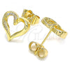 Oro Laminado Stud Earring, Gold Filled Style Heart Design, with White Micro Pave, Polished, Golden Finish, 02.156.0486