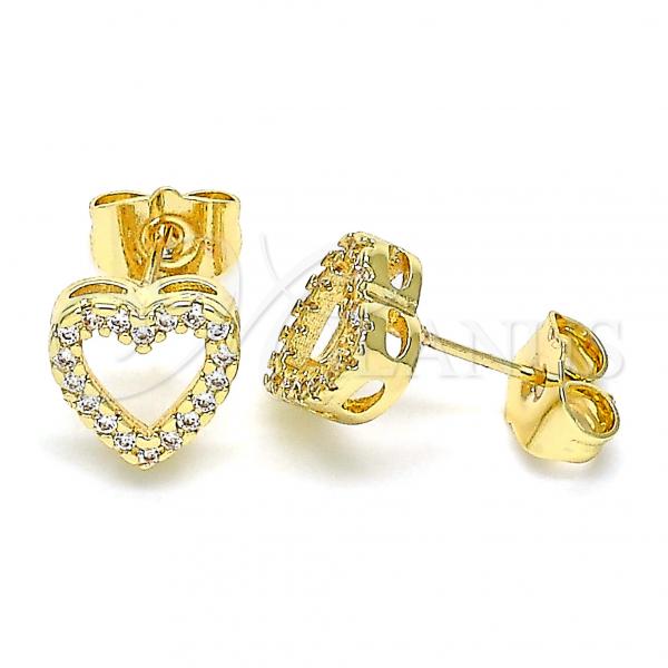 Oro Laminado Stud Earring, Gold Filled Style Heart Design, with White Micro Pave, Polished, Golden Finish, 02.156.0629