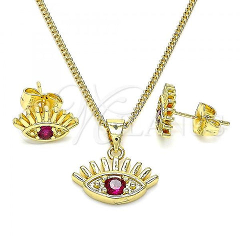 Oro Laminado Earring and Pendant Adult Set, Gold Filled Style Evil Eye Design, with Ruby Cubic Zirconia, Polished, Golden Finish, 10.156.0402