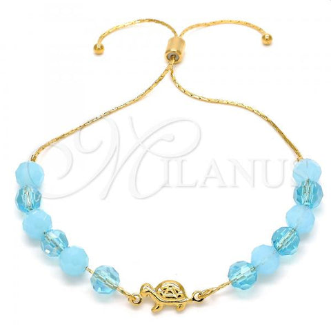 Oro Laminado Adjustable Bolo Bracelet, Gold Filled Style Turtle and Snake Design, with Aquamarine and Aqua Blue Crystal, Blue Polished, Golden Finish, 03.32.0233.07