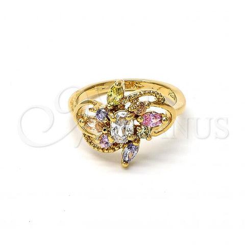 Oro Laminado Multi Stone Ring, Gold Filled Style Flower Design, with Multicolor and White Cubic Zirconia, Polished, Golden Finish, 5.172.013.09 (Size 9)