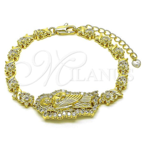 Oro Laminado Fancy Bracelet, Gold Filled Style San Judas and Hugs and Kisses Design, with White Cubic Zirconia, Polished, Golden Finish, 03.411.0004.08