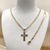 Oro Laminado Earring and Pendant Children Set, Gold Filled Style Cross Design, Diamond Cutting Finish, Golden Finish, 06.63.0183