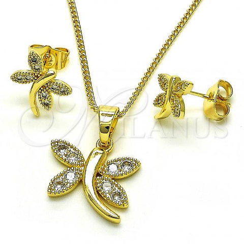 Oro Laminado Earring and Pendant Adult Set, Gold Filled Style Dragon-Fly Design, with White Cubic Zirconia, Polished, Golden Finish, 10.210.0166